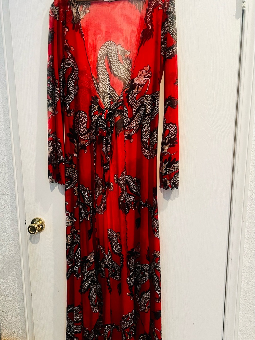 Women’s Red Dragon-Print Long Robe with Tie Waist
